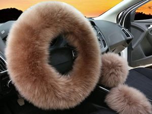 3Pcs Set Fashion Wool Fur Brown Furry Steering Wheel Covers Long Hair Soft Fluffy Handbrake Cover Gear Shift Cover Fuzz Warm Non-slip Car Decoration