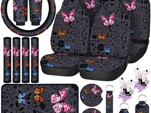 22 Pcs Butterfly Car Seat Covers for Women Butterfly Car Accessories Steering Wheel Cover Cute Butterfly Car Air Vent Clip Car Center Console Pad Cup Holder Seat Belt Pads Keychain for Most Car
