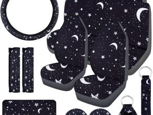 15 Pieces Moon and Stars Car Seat Cover Full Set for Women Men Upgrade Thick Car Front Seat Covers Universal Steering Wheel Cover Separate Headrest Cover Seat Belt Pads for Auto Truck (Star Pattern)
