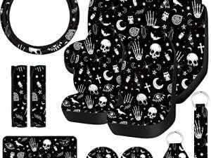 15 Pieces Moon and Stars Car Seat Cover Full Set for Women Men Upgrade Thick Car Front Seat Covers Universal Steering Wheel Cover Separate Headrest Cover Seat Belt Pads(Skeleton Cat Pattern)
