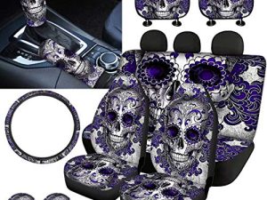 XYZCANDO Purple Sugar Skull Car Seat Cover Set with Handbrake Cover&Gear Shift Cover Set+Headrest Cover for Car15 Steering Wheel Cover+Car Cup Pad Full Set 11 PCS Car Interior Decor