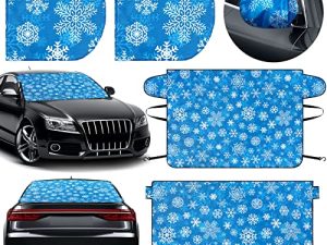 4 Pieces Car Windshield Cover Set for Ice and Snow Car Sun Cover Side Mirror Snow Cover Waterproof Wiper Protector Printed Fabric Windshield Frost Cover Automotive Exterior Accessories (Snowflake)