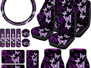 38 Pcs Butterfly Car Seat Covers Full Set for Women Butterfly Universal Car Accessories Rubber Steering Wheel Cover Gear Shift Front Rear Foot Mats Armrest Shoulder Pads for Cars SUV(Purple)