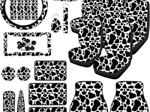 Tallew 26 Pieces Cow Print Car Accessories Set Seat Cover Steering Wheel Belt Cup Holder License Plate with Screws Mirror Covers Handbrake Gear Keyring for Truck SUV