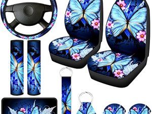 Butterfly Car Seat Covers for Women Butterfly Car Accessories Interior Seat Covers Rubber Steering Wheel Wrist Strap Armrest Seatbelt Cover Keychain(Bright Style)