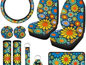 Tallew 10 Pcs Hippie Flower Car Seat Covers Full Set Universal Car Accessories Colorful Art Floral Seat Cover Steering Wheel Cover Armrest Pad Cover Seat Belt Pads for Women Men Car Truck Auto