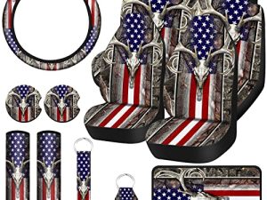 15 Pieces American Flag Wood Deer Skull Camo Car Accessories Set Car Steering Wheel Cover Thickened Car Seat Covers Keyring Car Cup Holders Seat Belt Pad Independence Day Car Decoration (Deer Style)
