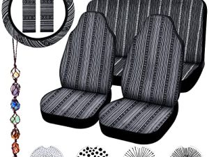 Frienda 14 Pcs Baja Car Seat Covers Full Set Multicolor Stripe Car Seat Covers Boho Print Steering Wheel Cover Seat Belt Cover Crystal Hanging Ornament Car Holders Fits for Car(Vintage Style)