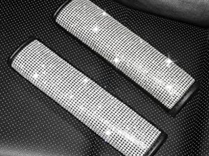 jaxiria [2PACK] Bling Auto Seat Belt Shoulder Pads - PU Leather Seat Belt Covers for Adults - Car Accessories with Rhinestones for Women(Black)